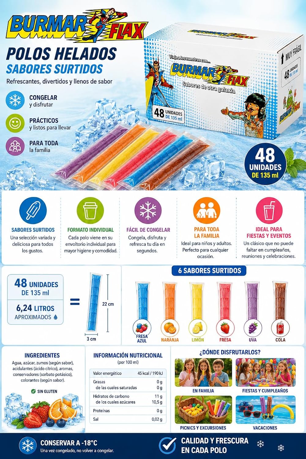 Burmar Flax Polos Helados Sabores Surtidos Pack de 48 x 135 ml | Ice Pops Congelables de Frutas | Helados Refrescantes para Niños y Adultos | Total 6,48 L