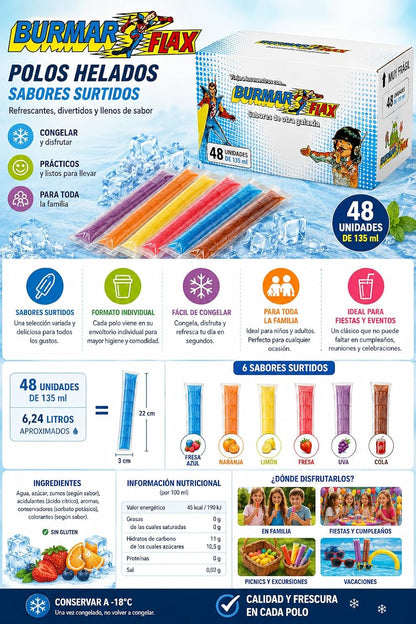 Burmar Flax Polos Helados Sabores Surtidos Pack de 48 x 135 ml | Ice Pops Congelables de Frutas | Helados Refrescantes para Niños y Adultos | Total 6,48 L