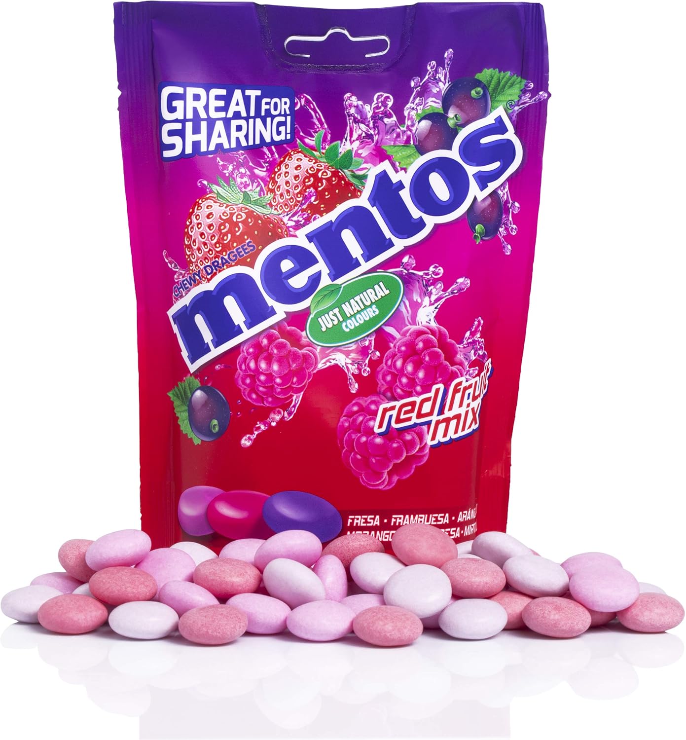 Mentos Mix Frutos Rojos, Caramelo Masticable con Zumo de Frutas - 7 bolsas de 160 gr (Total 1120 gr)