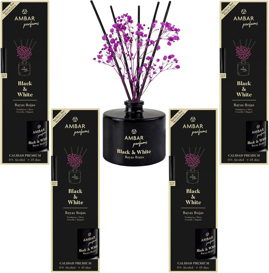 Pack de 4 Mikados Ambientador Ambar perfums Black & White Bayas Rojas