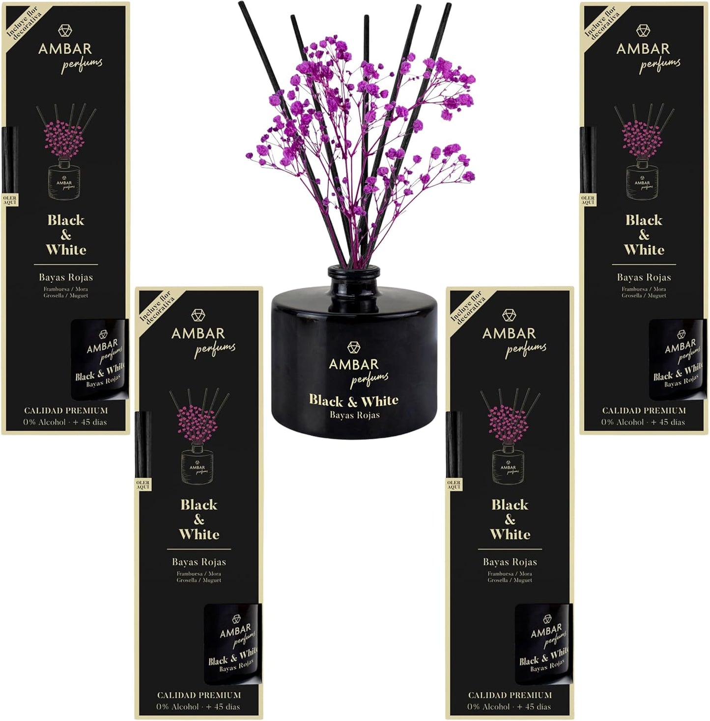 Pack 4 und mikado en varillas ambientador para hogar ambar perfums black and white parent (Bayas Rojas)
