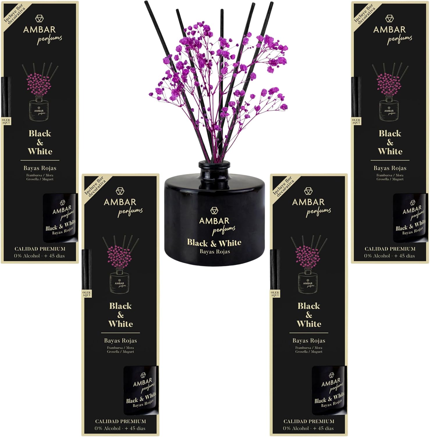 Pack de 4 Mikados Ambientador Ambar perfums Black & White Bayas Rojas