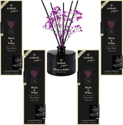 Pack 4 und mikado en varillas ambientador para hogar ambar perfums black and white parent (Bayas Rojas)