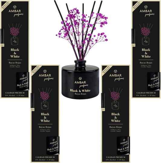 Pack 4 und mikado en varillas ambientador para hogar ambar perfums black and white parent (Bayas Rojas)