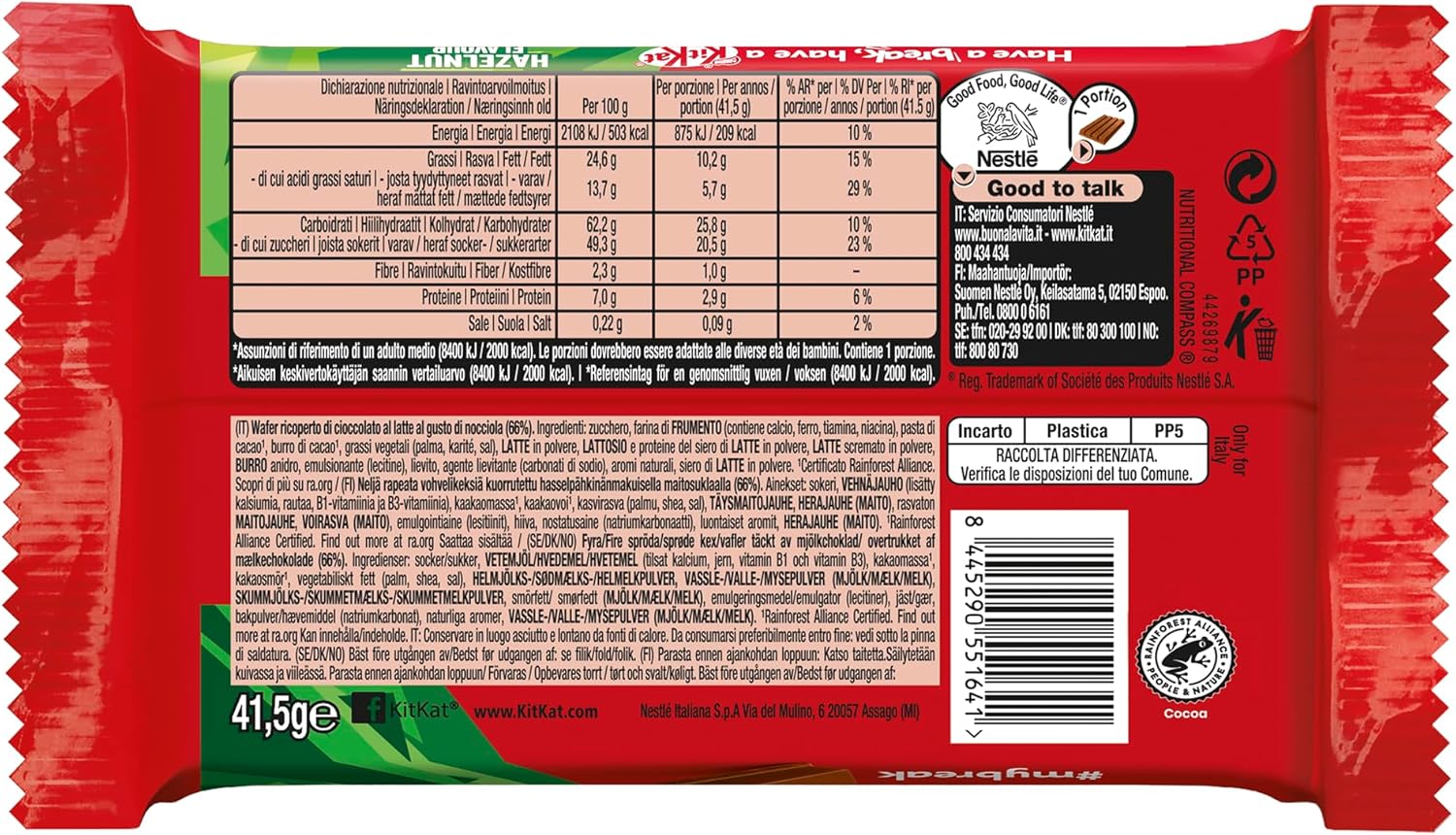 KITKAT Hazelnut Wafer cubierto con chocolate con leche sabor avellanas, 24 aperitivos de 41,5 g (996 g)