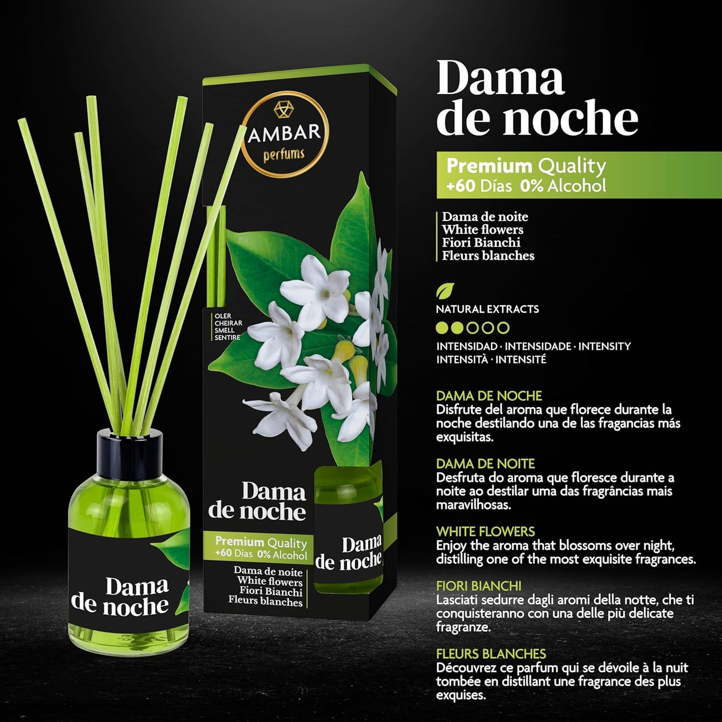 Ambar Perfums Ambientador Mikado Dama de Noche. Ambientador de Varillas 0% Alcohol, +60 días duración. (Pack 3 uds. x 45 ml)