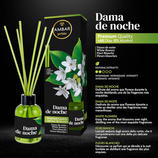 Ambar Perfums Ambientador Mikado Dama de Noche. Ambientador de Varillas 0% Alcohol, +60 días duración. (Pack 3 uds. x 45 ml)