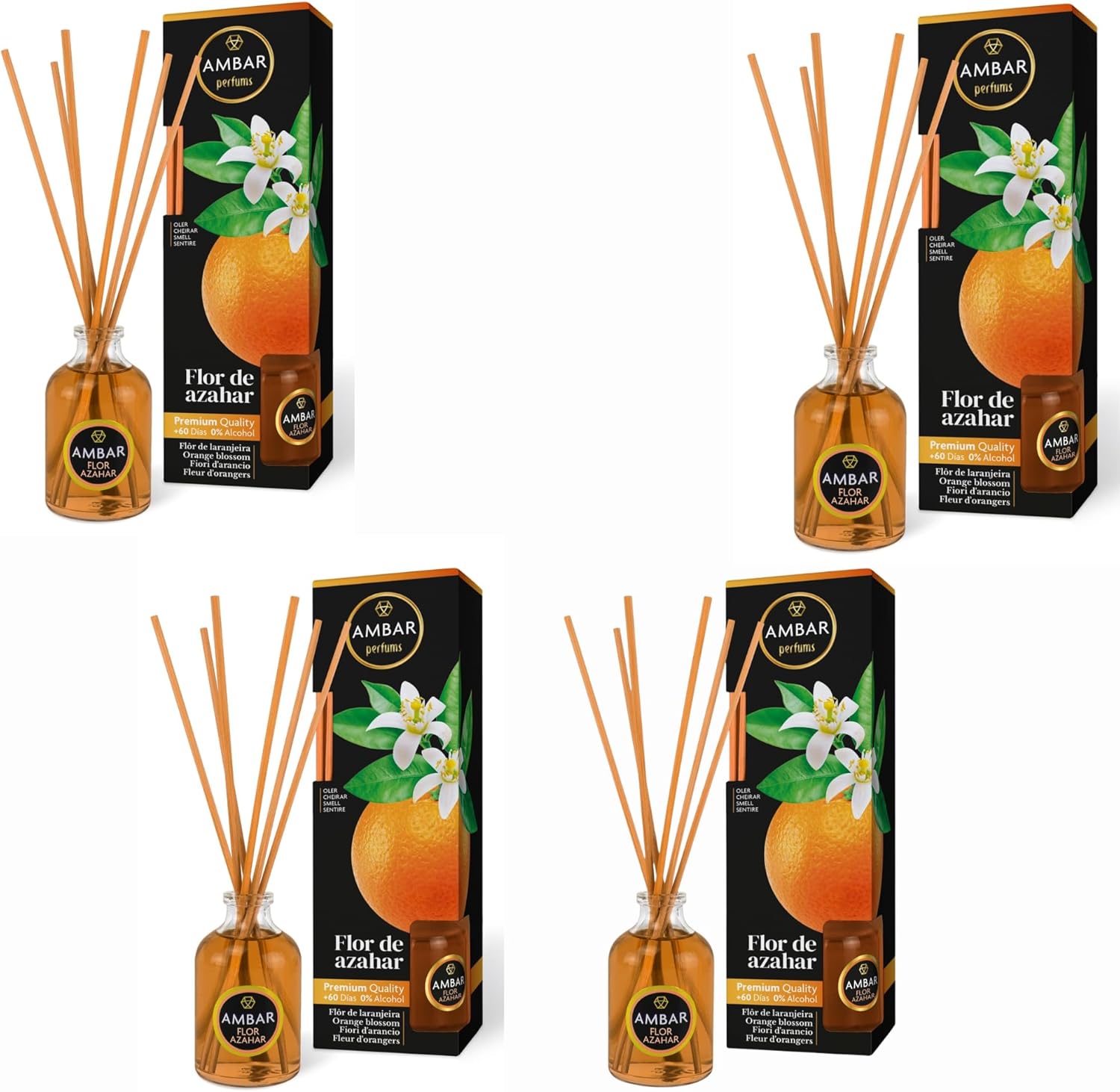 Pack de 4 Mikado Ámbar Flor de Azahar – Ambientador Floral Dulce y Relajante con Varillas de Madera, 45ml x 4