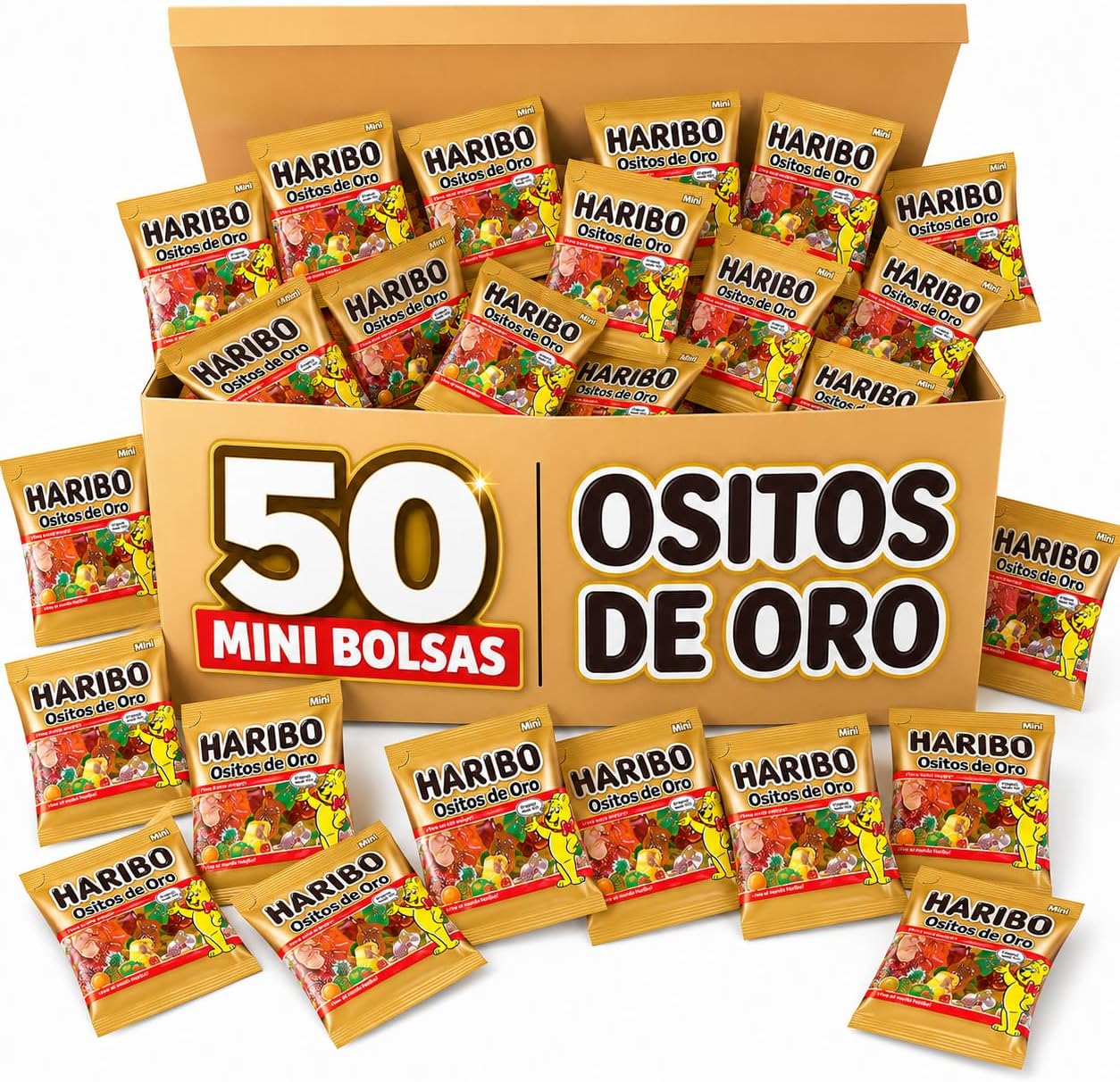 Haribo Ositos de Oro Mini 100 Bolsitas Individuales | Gominolas de Sabores Frutales para Cumpleaños, Fiestas, Piñatas y Candy Bar