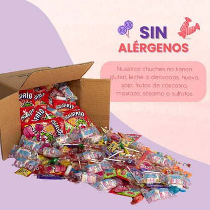 Mega Box de Chuches 300 Unidades con Escalofríos | Caja Surtida de Golosinas Sin Alérgenos | Mix de 10 Variedades para Fiestas, Piñatas, Halloween y Conos Dulces