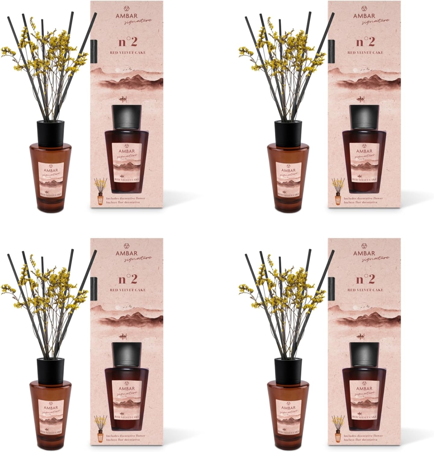 Pack 4 Ambientadores Mikado Ambar Signature nº2 Red Velvet Cake 85 ml | Difusor de Varillas con Flor Decorativa | Aroma Frambuesa, Pera Almizcle y Vainilla | Fragancia Dulce para Hogar