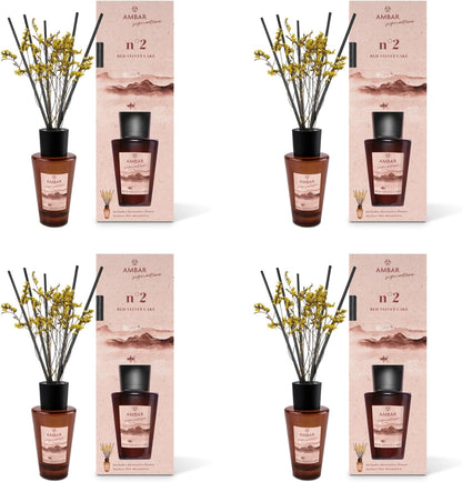 Pack 4 Ambientadores Mikado Ambar Signature nº2 Red Velvet Cake 85 ml | Difusor de Varillas con Flor Decorativa | Aroma Frambuesa, Pera Almizcle y Vainilla | Fragancia Dulce para Hogar