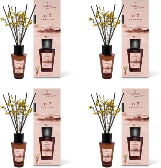 Pack 4 Ambientadores Mikado Ambar Signature nº2 Red Velvet Cake 85 ml | Difusor de Varillas con Flor Decorativa | Aroma Frambuesa, Pera Almizcle y Vainilla | Fragancia Dulce para Hogar