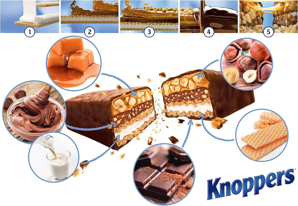 Knoppers Nutbar (24x40g) - Barra de barquillo con crema de leche (14,4%), crema de avellanas (14%), avellanas picadas (13,4%) y caramelo suave (22,2%)