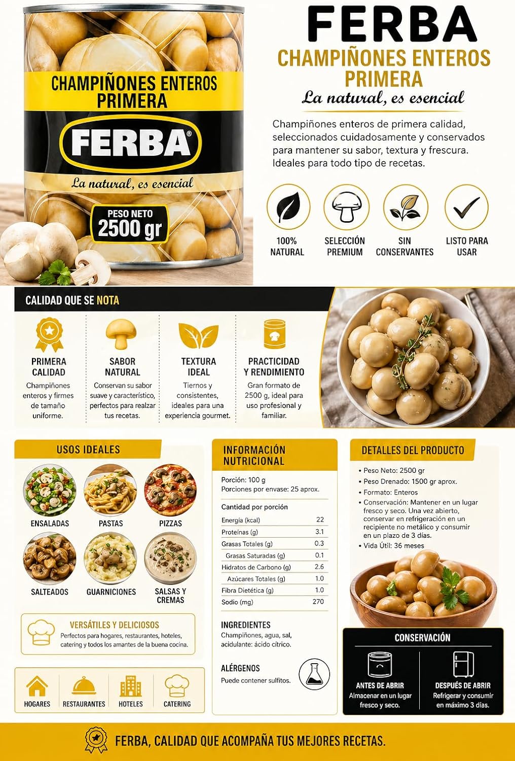 Champiñón Laminado 2500g – Hongos Frescos en Conserva, Corte Uniforme, Ideal para Cocina Profesional y Hogar