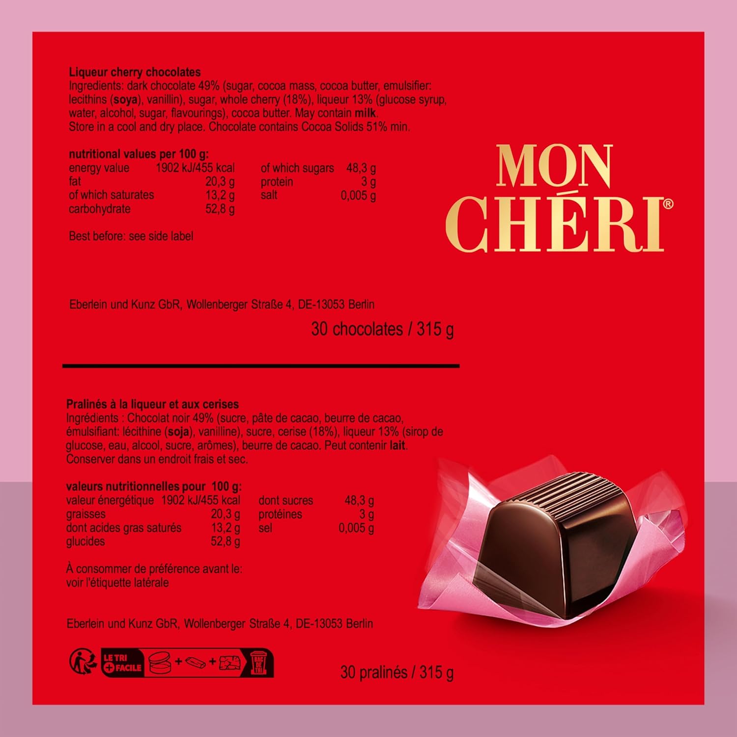Ferrero Chocolate Mon Cheri Alemán con Licor - 1 x 157 g