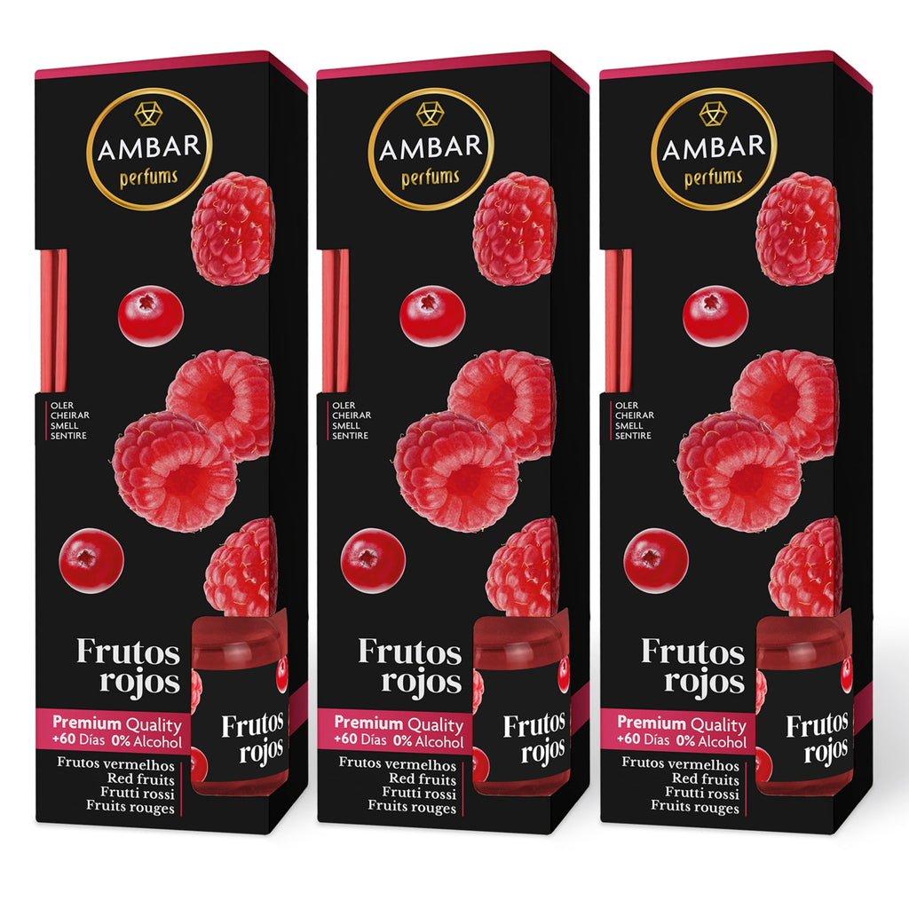 Ambar Perfums Ambientador Mikado Frutos Rojos. Ambientador de Varillas  (Pack 3 uds. x 45 ml)