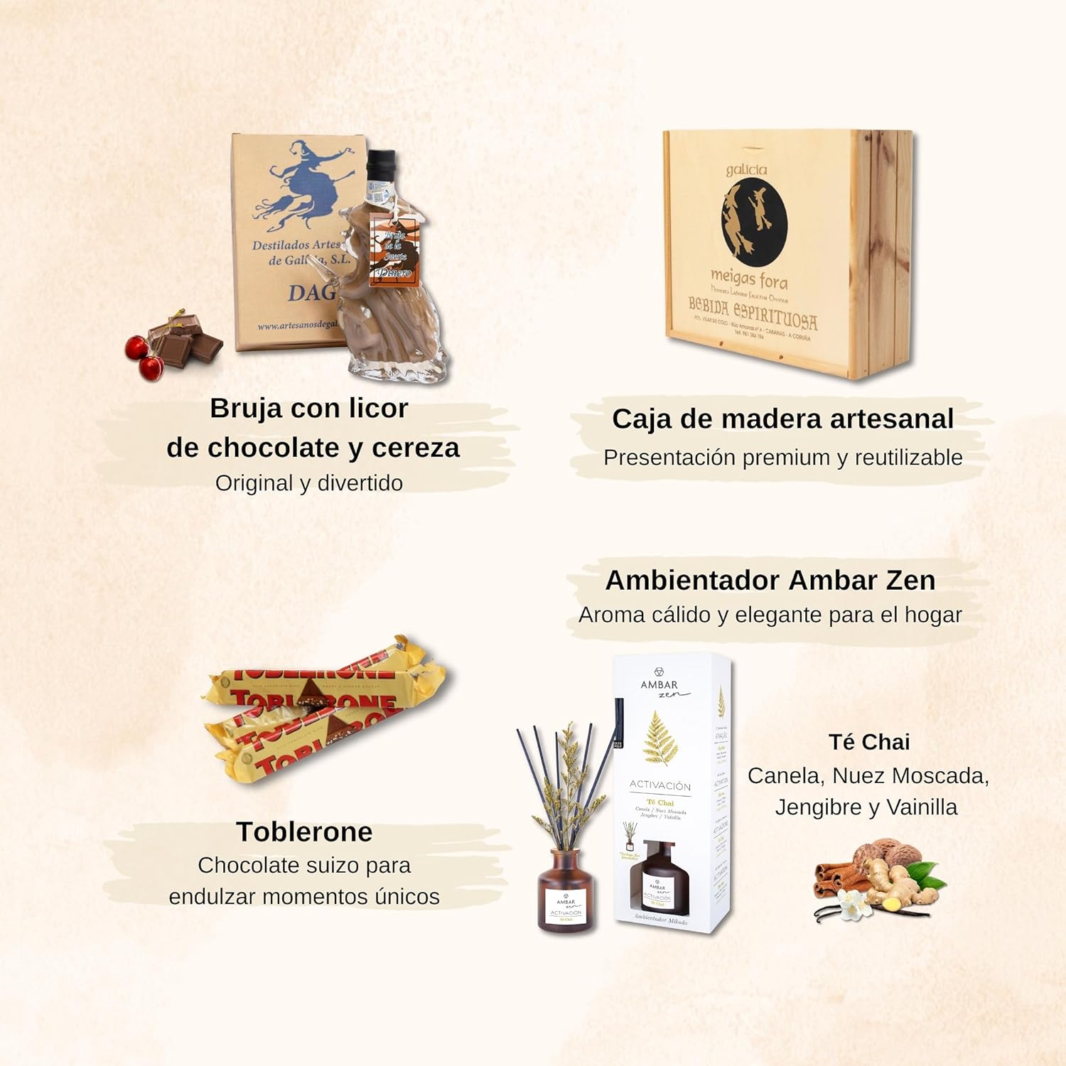 Regalo – Pack con Licor de Chocolate, Mikado Té Chai, Toblerone y Caja de Madera