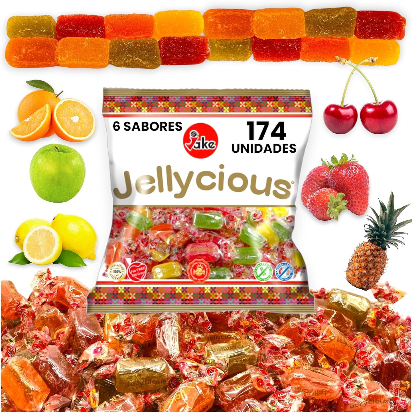 JELLYCIOUS GOLOSINAS DE GELATINA BLANCA – Bolsa de 174 golosinas, 1 kg, Jake – para fiestas, dulces, cumpleaños, Navidad, regalos, Halloween, candy bar, piñatas y cumpleaños infantiles.