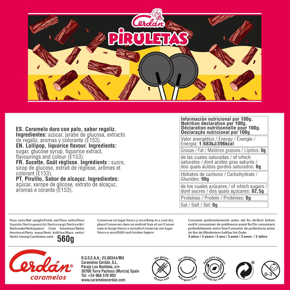 Caramelos Cerdán - Piruletas | Sabor a regaliz | Bolsa de 100 unidades aprox.
