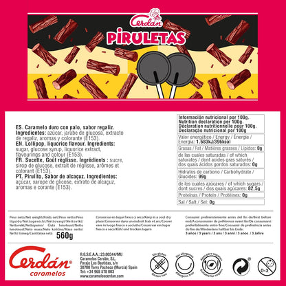 Caramelos Cerdán - Piruletas | Sabor a regaliz | Bolsa de 100 unidades aprox.