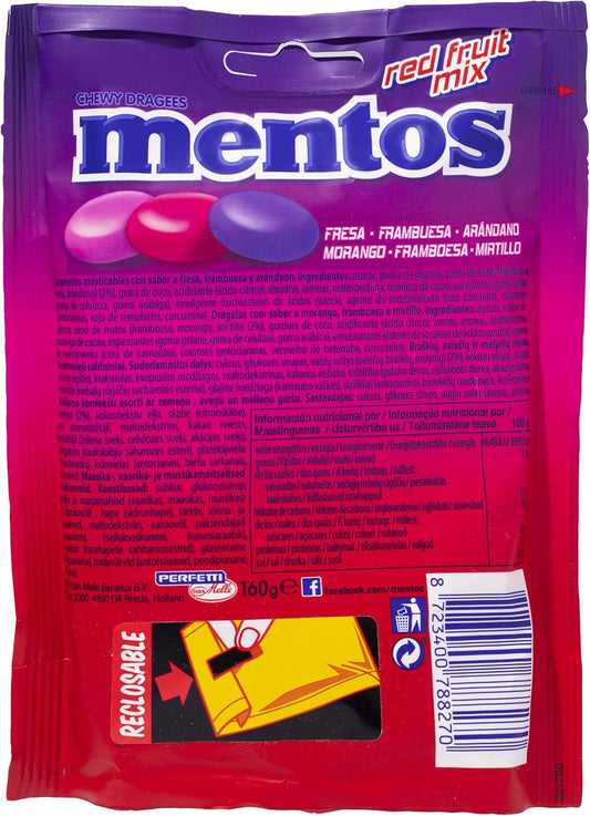 Mentos Mix Frutos Rojos, Caramelo Masticable con Zumo de Frutas - 7 bolsas de 160 gr (Total 1120 gr)
