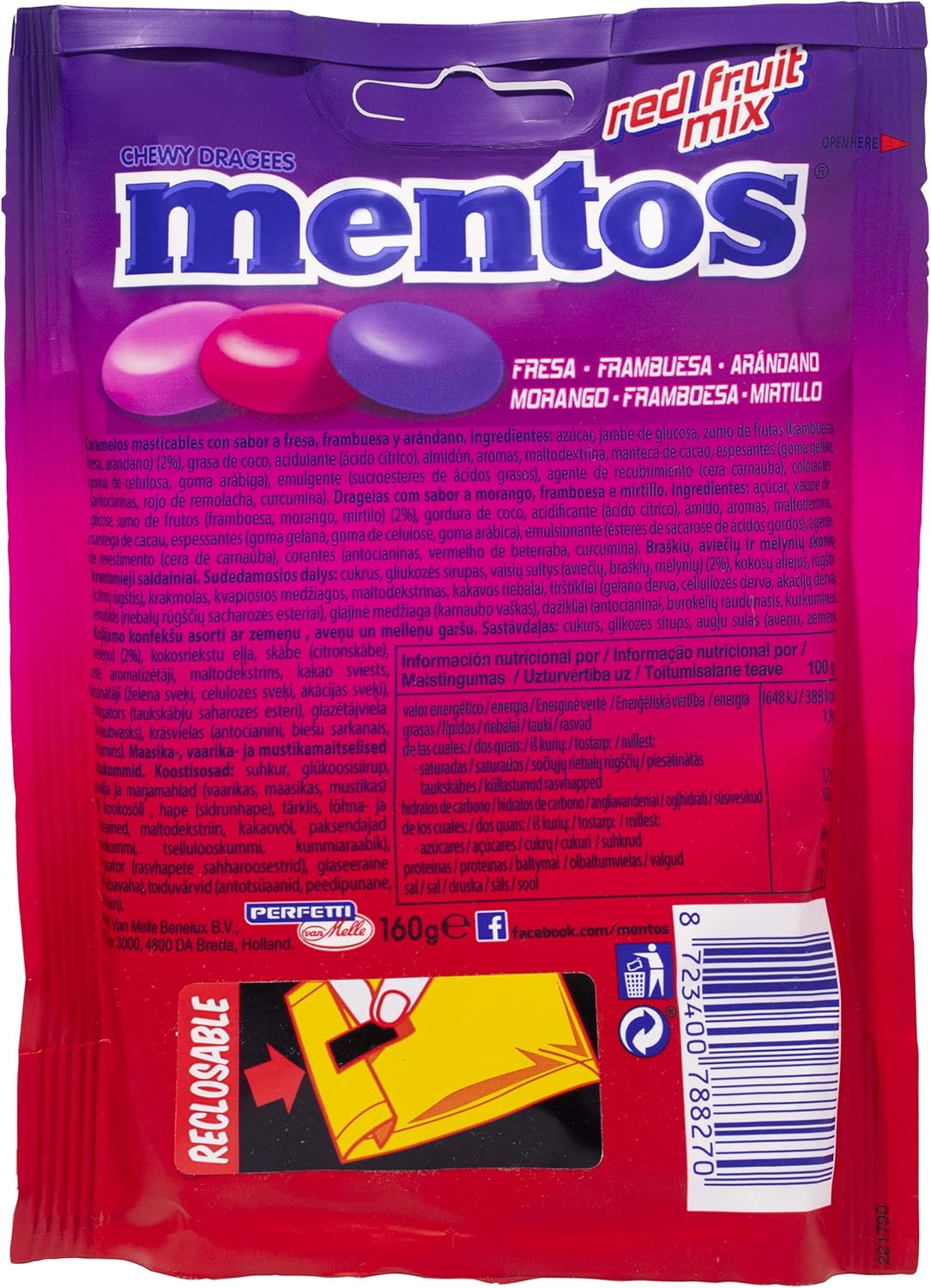 Mentos Mix Frutos Rojos, Caramelo Masticable con Zumo de Frutas - 7 bolsas de 160 gr (Total 1120 gr)