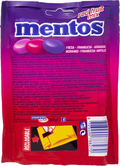 Mentos Mix Frutos Rojos, Caramelo Masticable con Zumo de Frutas - 7 bolsas de 160 gr (Total 1120 gr)