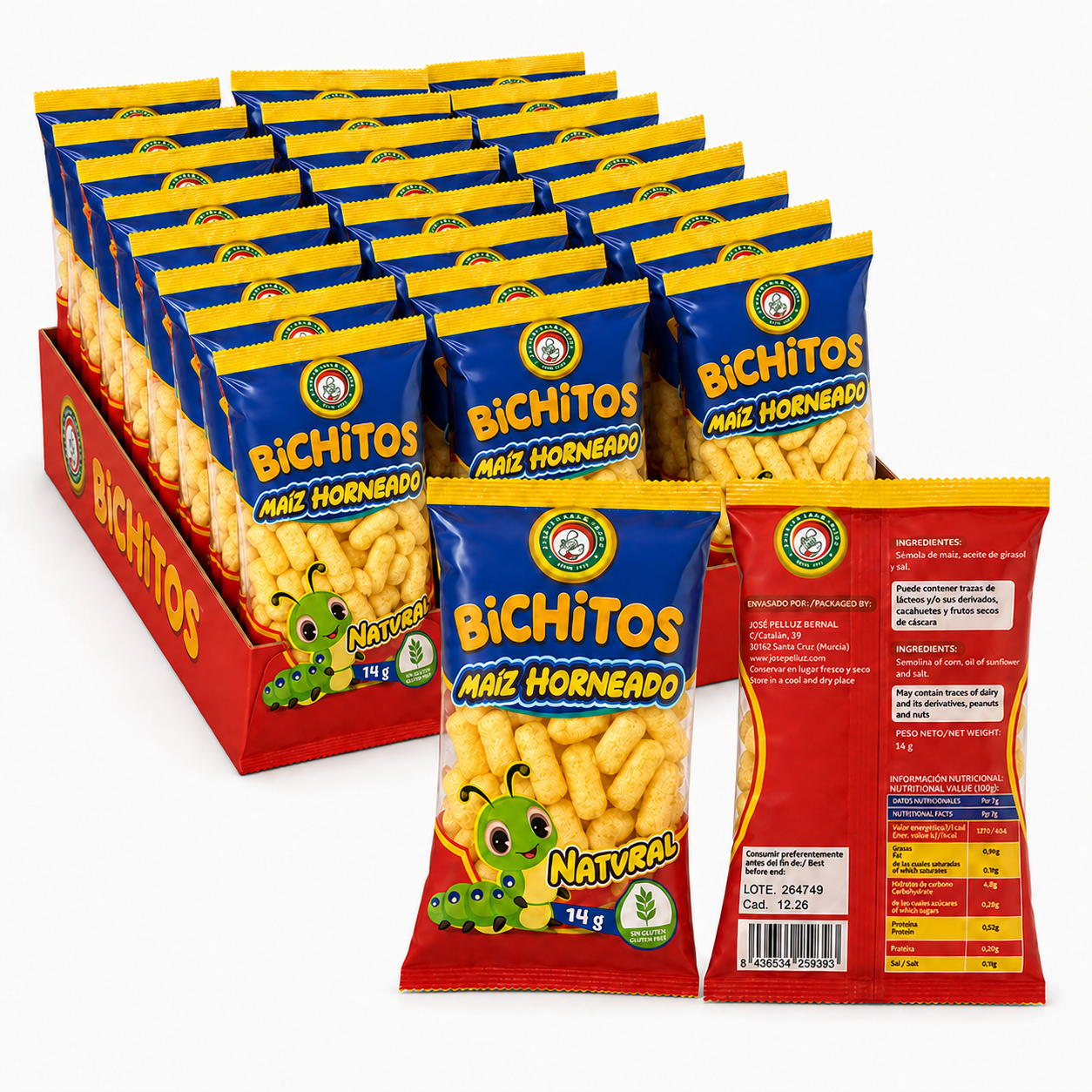 Bichitos de Maíz Horneado Pack 30 Bolsas x 14 g | Snack de Maíz Natural Sin Gluten | Aperitivo Individual Crujiente para Cumpleaños, Fiestas, Colegios, Meriendas y Piñatas