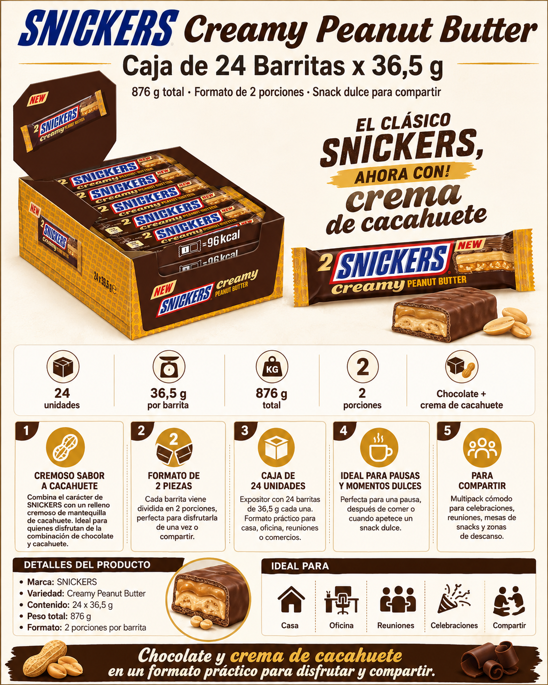 SNICKERS Creamy Peanut Butter – 24 Barritas x 36,5 g – 876 g – Chocolate con Crema de Cacahuete