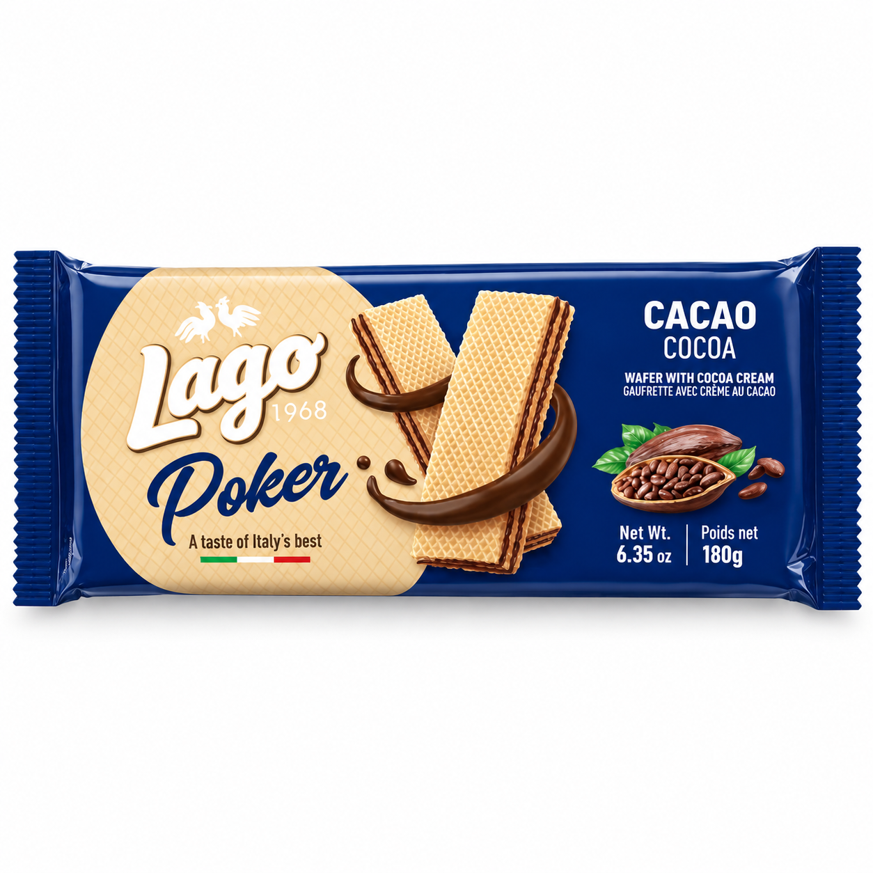 Lago Poker Wafers con Crema de Cacao 180 g | 4 Galletas de Barquillo