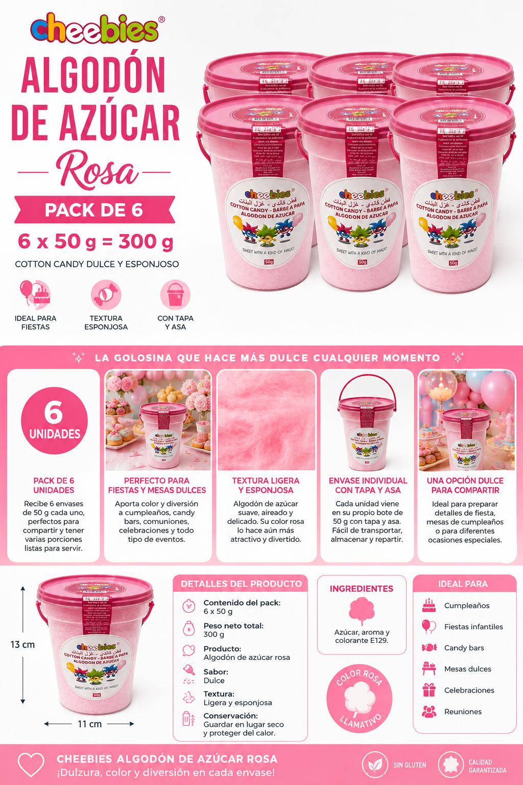 Cheebies Algodón de Azúcar Rosa Pack de 6 x 50 g – 300 g – Golosinas para Fiestas y Cumpleaños