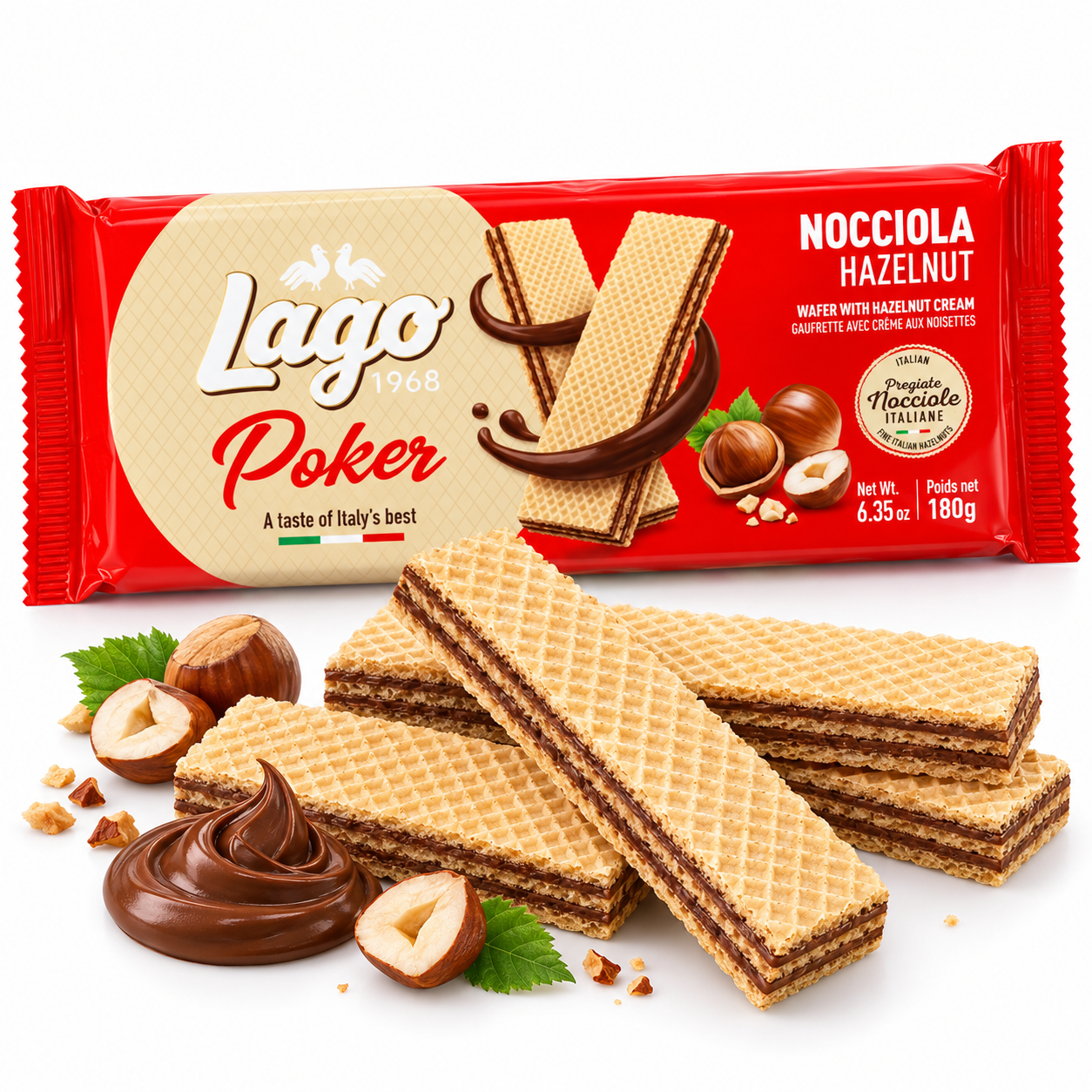 Lago Poker Wafers con Crema de Cacao 180 g | 4 Galletas de Barquillo