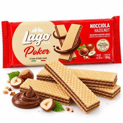 Lago Poker Wafers con Crema de Cacao 180 g | 4 Galletas de Barquillo